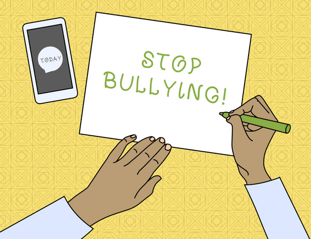 Fogalmi kézi írás mutatja a zaklatás leállítása. Üzleti fotó szöveg megáll az agresszív viselkedés között iskolás korú gyermekek Top View Man írása Paper Pen smartphone üzenet ikon. - Fotó, kép