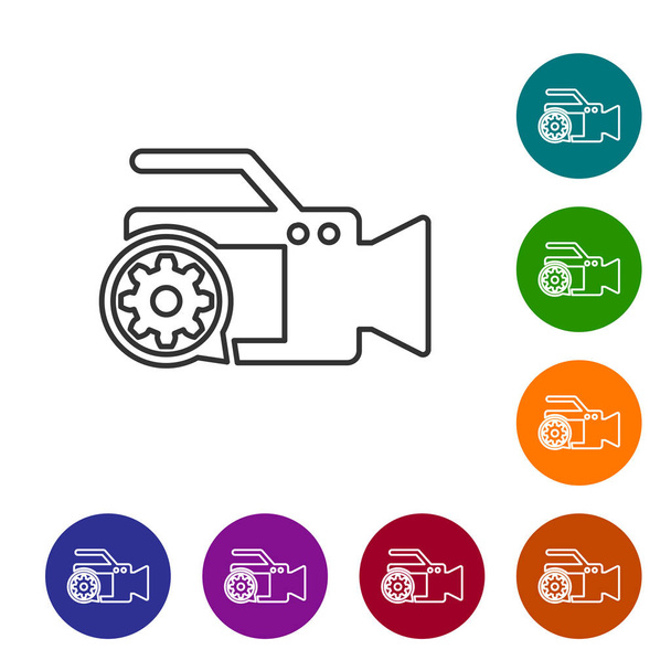 Caméra vidéo grise et icône de ligne d'engrenage sur fond blanc. Réglage app, concept de service, options de réglage, entretien, réparation, réparation. Définir l'icône dans les boutons de cercle de couleur. Illustration vectorielle
 - Vecteur, image