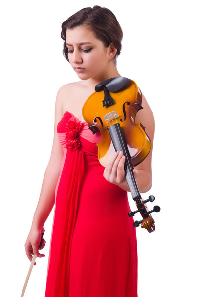 Young girl with violin on white - 写真・画像