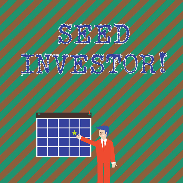 Word writing text Seed Investor. Business concept for source of initial money required to start a new business Businessman Smiling and Pointing to Colorful Calendar with Star Hang on Wall. - Photo, Image