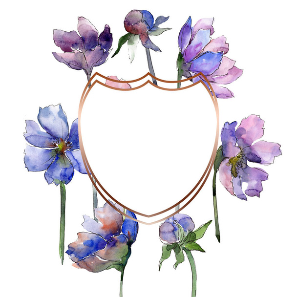 Violet cosmos flower floral botanical flowers. Watercolor background illustration set. Frame border ornament square. - Photo, Image
