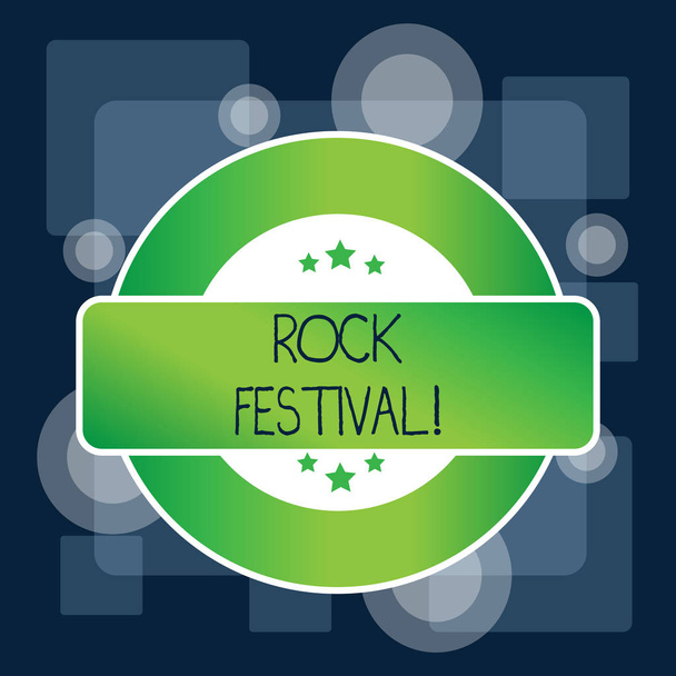 Handgeschreven tekst Rock Festival. Concept betekenis largescale rock muziek concert met zware metalen genre gekleurde ronde vorm label badge Stars lege rechthoekige tekstvak Award. - Foto, afbeelding
