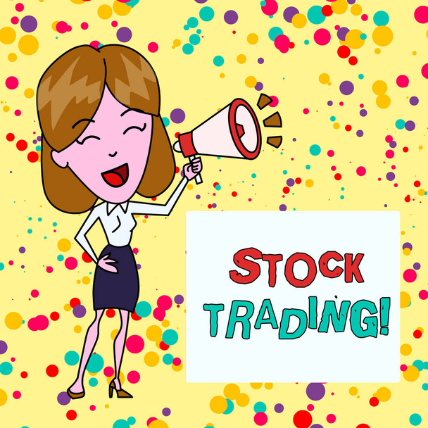 Koncepcionális kéz írása bemutató Stock Trading. Üzleti fotó bemutatják az intézkedés vagy tevékenység vételi és eladási részvények piaci fiatal nő szólva Blowhorn színes Backgdrop szövegdoboz. - Fotó, kép
