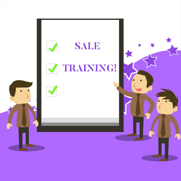 Handwriting text writing Sale Training. Concept meaning Development of selfskills related to new sales opportunity Business People Colleagues Discuss Missions Presentation Whiteboard Ticks. - Photo, Image