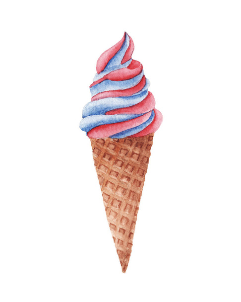 рисованное вручную мороженое акварелью изолировано на белом фоне. красный и синий цвета, символ Америки. элемент для поздравительных открыток, баннеров, меню, скрапбукинг
 - Фото, изображение