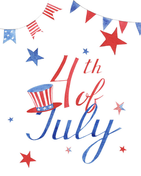 hand getekende aquarel wenskaart met sterren en hoed naar onafhankelijkheidsdag van Amerika op witte achtergrond. hand geschreven belettering vierde juli - Foto, afbeelding