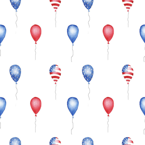 hand drawn watercolor seamless pattern with red, blue, striped and stars balloons on white background. print for wrapping paper to independence day of America - Foto, Imagem