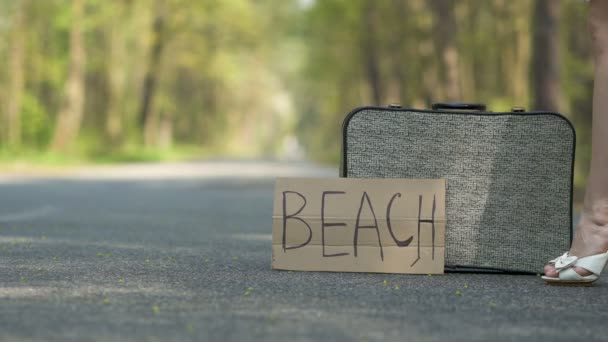 4K. γυναίκα οτοστόπ καθίσει σε ρετρό βαλίτσα με αφίσα παραλία. Αυτοκίνητο αναμονής - Πλάνα, βίντεο