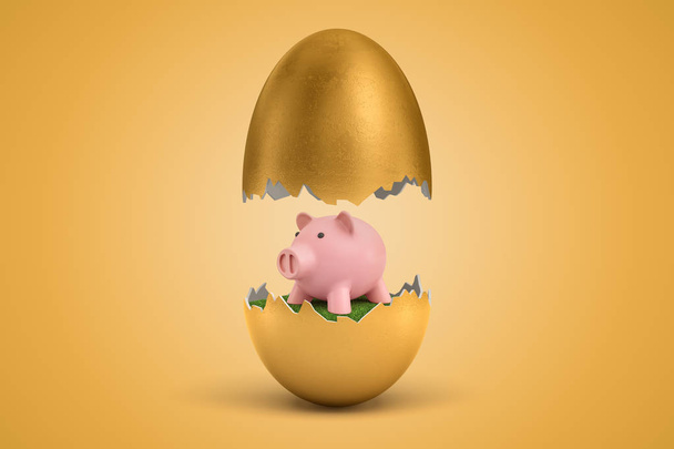 3d rendering of gold egg cracked in two, upper half levitating in air, small cute pink piggy bank standing on green grass inside lower half. - Foto, Imagen