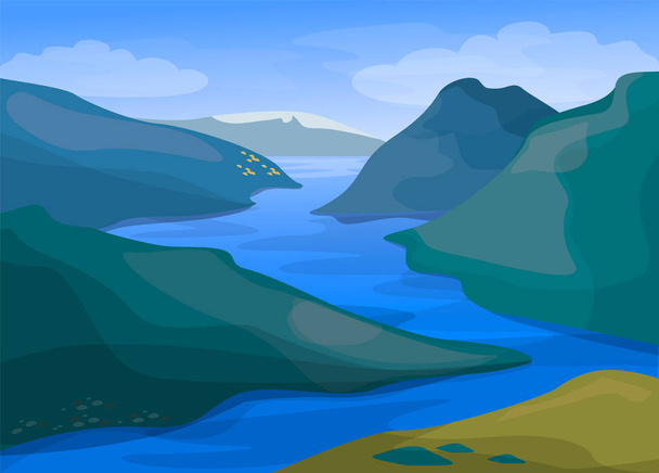 River and mountain landscape. Green nature and blue water - Vector, Image