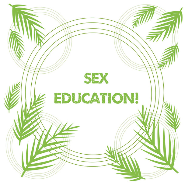 Conceptual hand writing showing Sex Education. Business photo showcasing Instruction of issues relating to huanalysis sexuality and anatomy Tropical Leaves Overlapping Concentric Circles Isolated. - Photo, Image