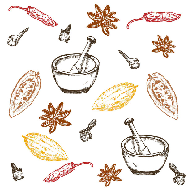 Hand drawn vector seamless pattern of spices and cocoa beans. Hot pepper, cardamon, hand grinder, lemon and cloves. Colorful Spices illustration isolated on white background. - Vector, Image