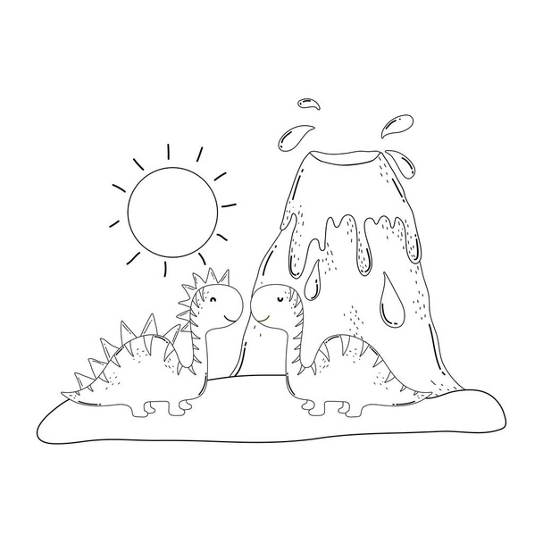 χαριτωμένος αποτόσαυρος ζευγάρι με το ηφαίστειο - Διάνυσμα, εικόνα