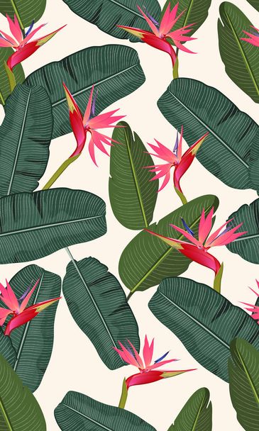 Seamless pattern banana leaf with pink bird of paradise - Vector, Imagen