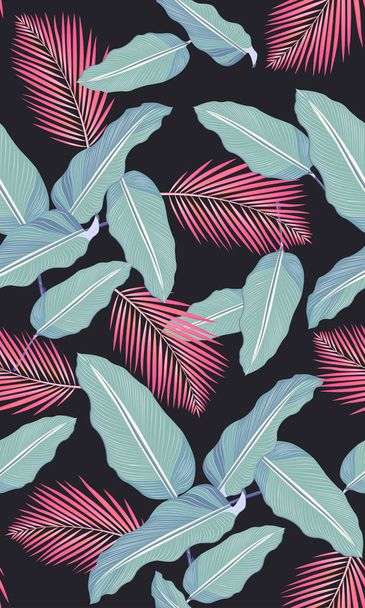 Seamless pattern tropical leaves on black background - Διάνυσμα, εικόνα