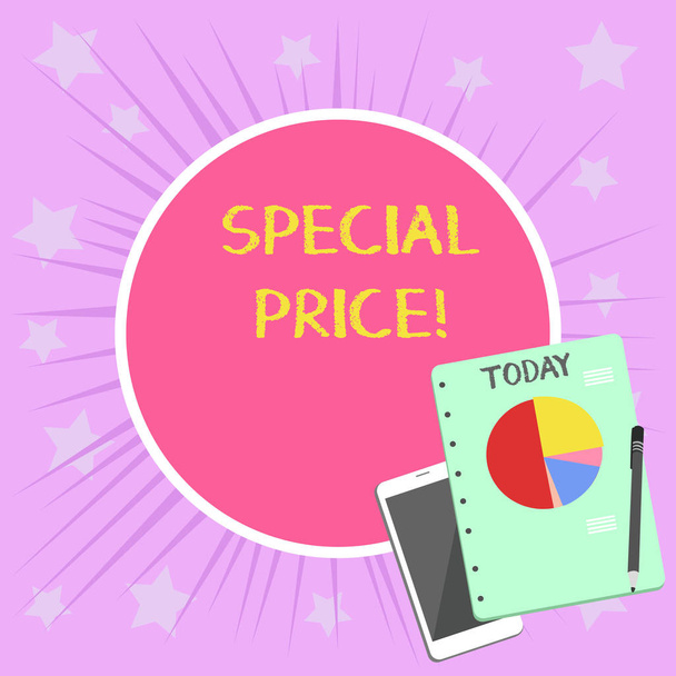 Conceptual hand writing showing Special Price. Business photo showcasing selling at a price that is lower than usual Discounted Layout Smartphone Off Ballpoint Notepad Business Pie Chart. - Photo, Image