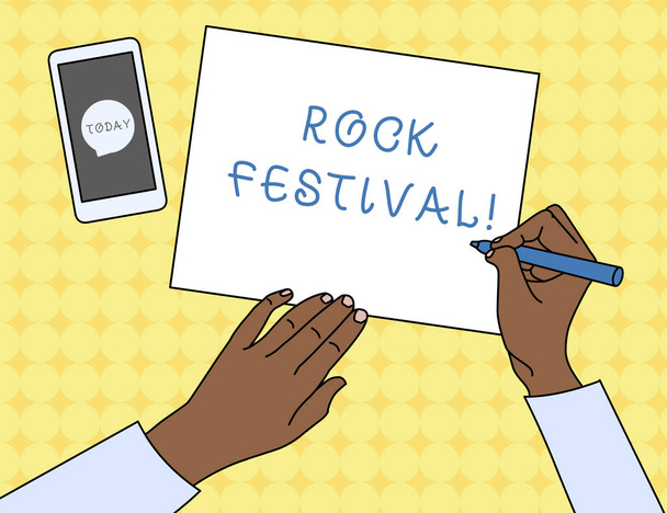 Escribiendo nota mostrando Rock Festival. Foto de negocios mostrando concierto de música rock a gran escala con metales pesados género Top View Man Writing Paper Pen Smartphone Message Icon
. - Foto, imagen
