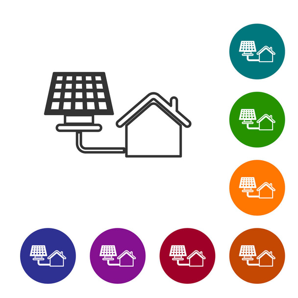 Grey House with solar panel line icon isolated on white background. Ecology, solar renewable energy. Eco-friendly house. Environmental Protection. Set icon in color circle buttons. Vector Illustration - Vector, Image