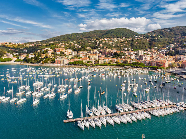 Vue aérienne de petits yachts et bateaux de pêche dans la ville de Lerici, une partie de la Riviera italienne, Italie
. - Photo, image