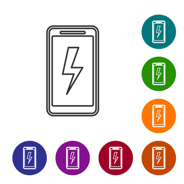 Icono de línea de batería de carga de Smartphone gris aislado sobre fondo blanco. Teléfono con una carga de batería baja. Establecer icono en botones de círculo de color. Ilustración vectorial
 - Vector, Imagen