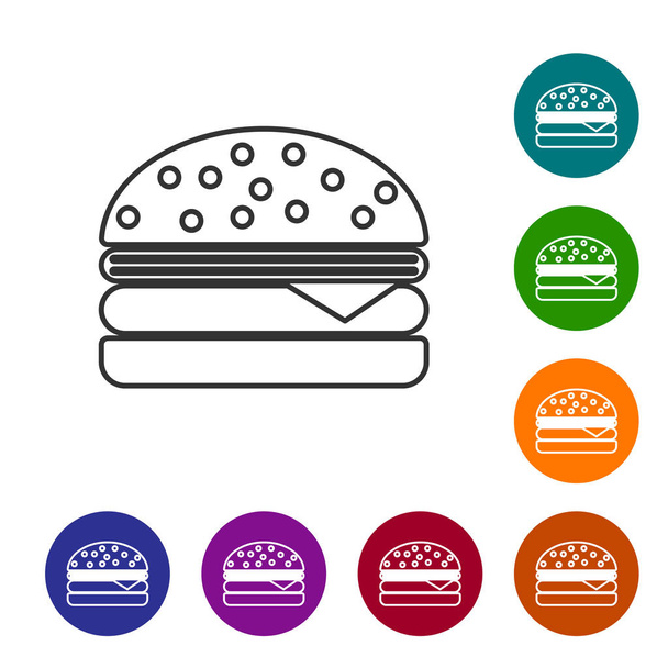 Grey Burger line icon isolated on white background. Hamburger icon. Cheeseburger sandwich sign. Set icon in color circle buttons. Vector Illustration - Vector, Image