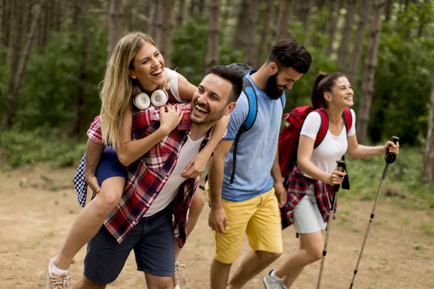 Fröhliche junge Gruppe wandert gemeinsam durch den Wald - Foto, Bild