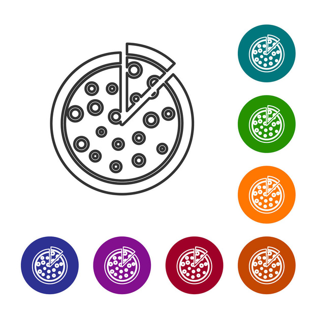 Γκρι εικονίδιο γραμμή πίτσα απομονωθεί σε λευκό φόντο. Ρυθμίστε το εικονίδιο σε έγχρωμα κουμπιά κύκλου. Απεικόνιση διανυσματικών φορέων - Διάνυσμα, εικόνα