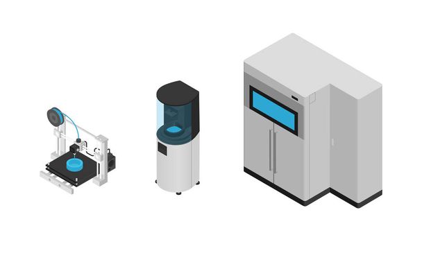 3D-printertypen in isometrische stijl geïsoleerd op witte achtergrond. 3D-printers, pictogrammen, Vector illustraties. - Vector, afbeelding