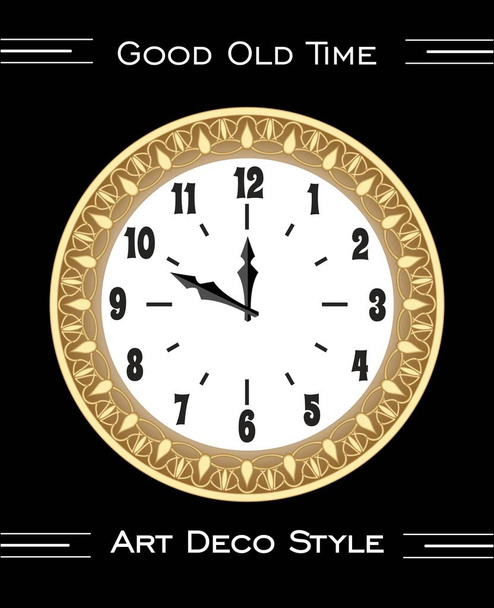 Antique richly decorated clock, isolated art deco object on black background, golden metal with filigree patterns, measuring time - Vector, Image