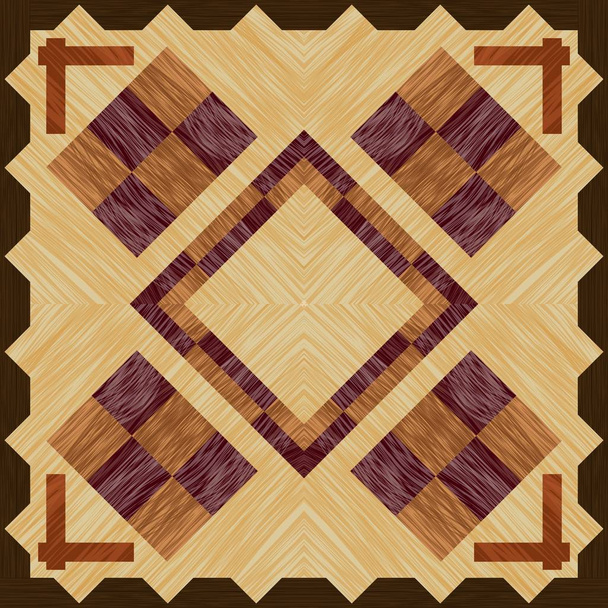 Holzeinlage mit Schachbrettelementen auf hellem Holz, quadratische Fliese mit Holzstruktur - Vektor, Bild