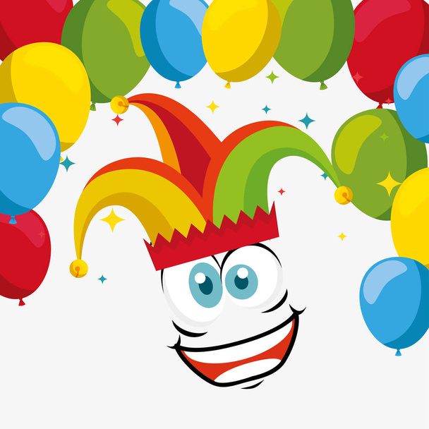 grappig gezicht dragen Joker hoed met ballonnen - Vector, afbeelding