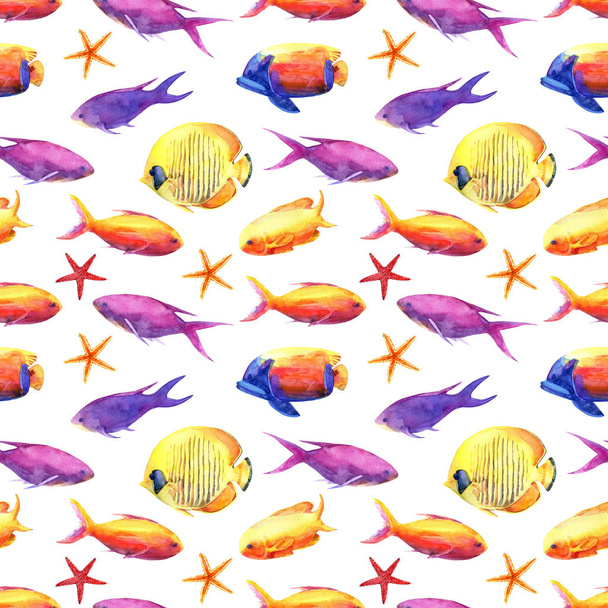 Watercolor seamless pattern with underwater life objects - coral, tropical fish and starfish. - Foto, Bild