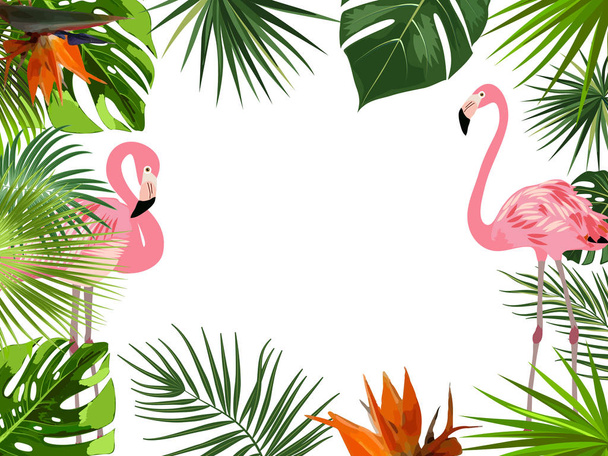 Vector tropical jungle frame with flamingo, palm trees, flowers  - Vector, Image