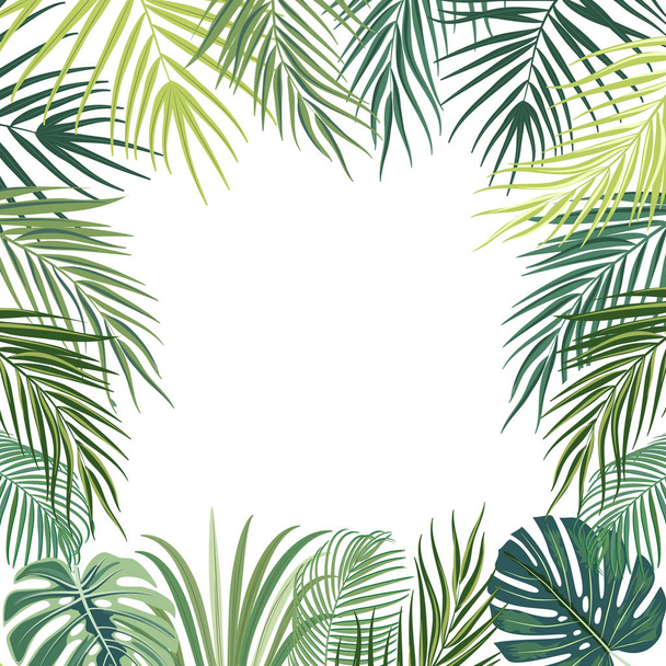 Vector tropical jungle frame with palm trees, flowers and leaves - Vector, Imagen
