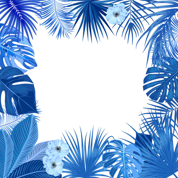 Διάνυσμα τροπική ζούγκλα πλαίσιο με μπλε φοίνικες, λουλούδια και l - Διάνυσμα, εικόνα