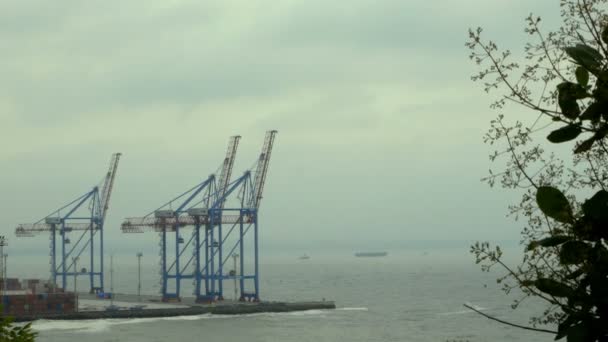 Γερανοί θαλάσσιων λιμένων, τερματικά εμπορευματοκιβωτίων και βιομηχανική ζώνη σε φορτίο μπροστά από το εμπορικό λιμάνι της Οδησσός στη θάλασσα στην Ουκρανία. Υλικοτεχνική κέντρο εμπορευματικών μεταφορών.  - Πλάνα, βίντεο