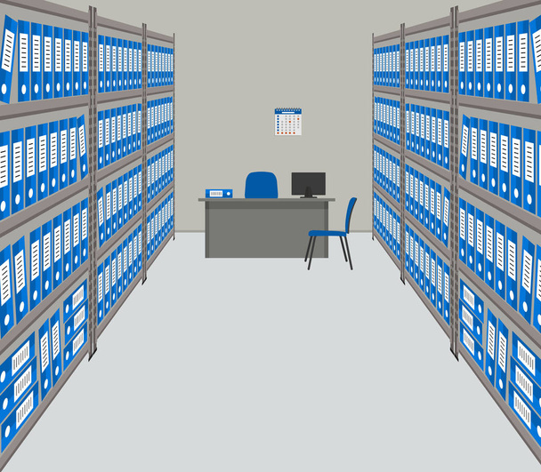 Archivo. El cuarto para el almacenaje de documentos. El lugar de trabajo del archivero. Hay estantes con carpetas azules, un escritorio, una computadora, sillas y otros objetos en la imagen. Ilustración vectorial
 - Vector, Imagen