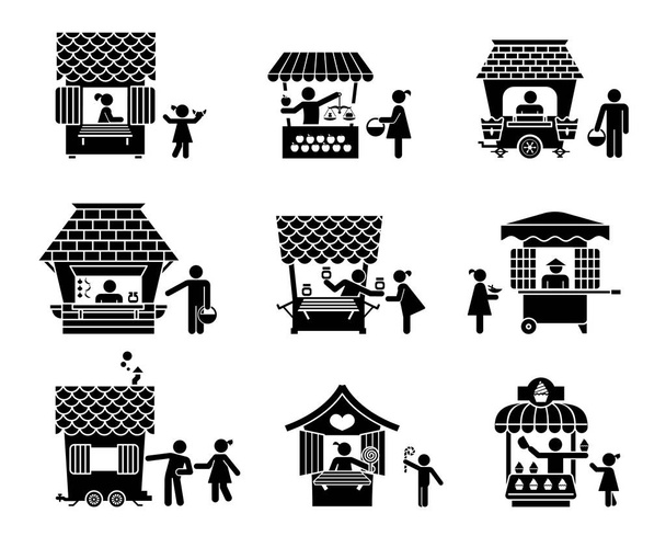 Street sellers and market stalls presented as pictograms. - Vector, Image