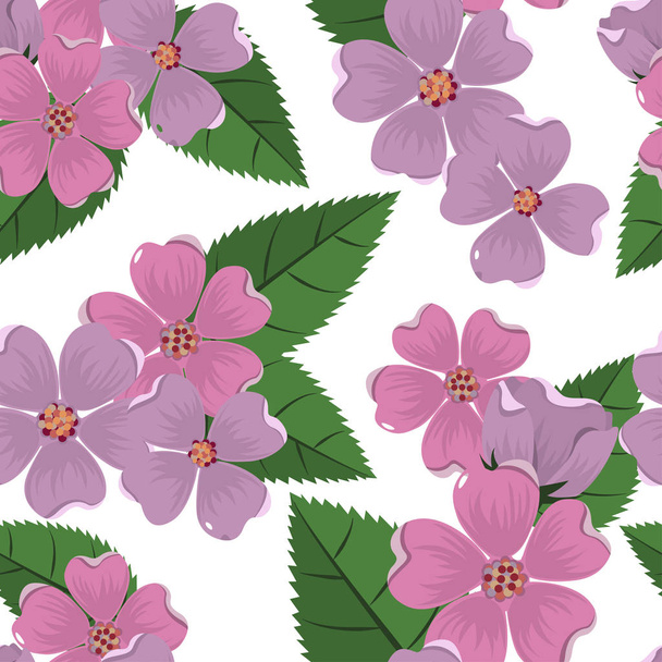 Cute bright pattern with beautiful purple flowers on white background. - Vektör, Görsel