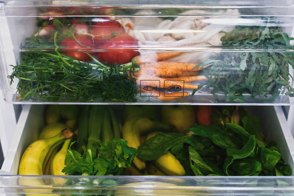Zero waste grocery in fridge. Fresh vegetables in opened drawer  - Photo, Image