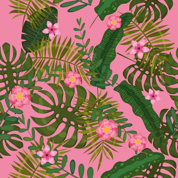 Zomer naadloze exotische bloemen tropische Palm, bananen bladeren. Patroon vector naadloos op de roze achtergrond. Plant bloem natuur behang, geïsoleerd - Vector, afbeelding