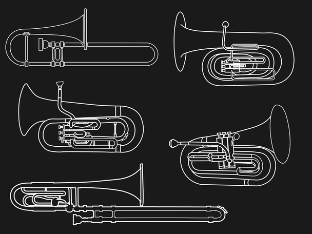 Простой белый рисунок контура Tuba, Trombone, Euphonium, Baritone, Bass Trombone музыкальный инструмент на черном фоне. Для обучения студентов, иллюстрация для словарей музыкальных школ
 - Вектор,изображение