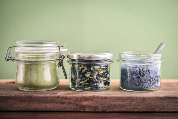 Matcha tea powder, blue matcha powder and organic dried pea flow - Фото, изображение