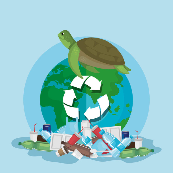 resíduos tóxicos de plásticos poluição e contaminação de tartarugas
 - Vetor, Imagem