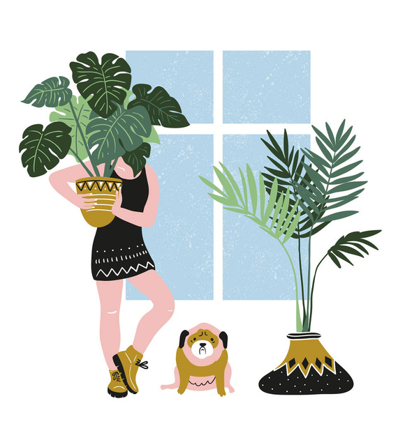 Room with woman, potted plants and pug dog - Вектор, зображення