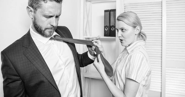 Girl seduce colleague. Sexual harassment at workplace. Workforce sexual harassment. Try to seduce director. Female take sexual initiative. Office and sexual behavior. Woman provokes or tease guy - Fotoğraf, Görsel