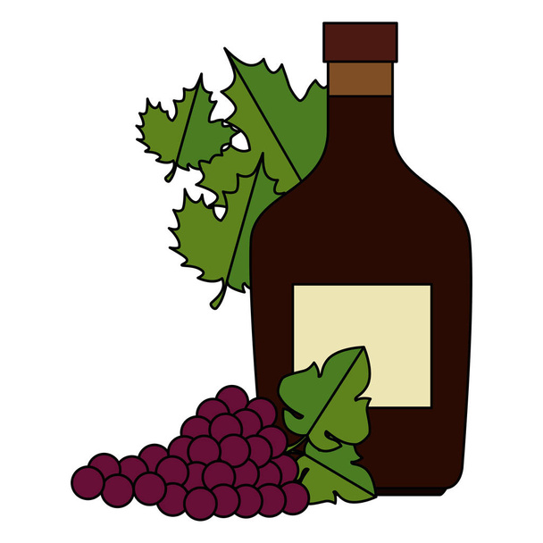 wine bottle and grapes cluster and leafs - Vector, Image