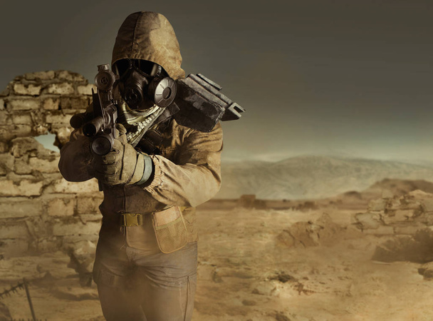 Post-apokalyptischer Wüstensoldat zielt stehend mit Gewehr. - Foto, Bild