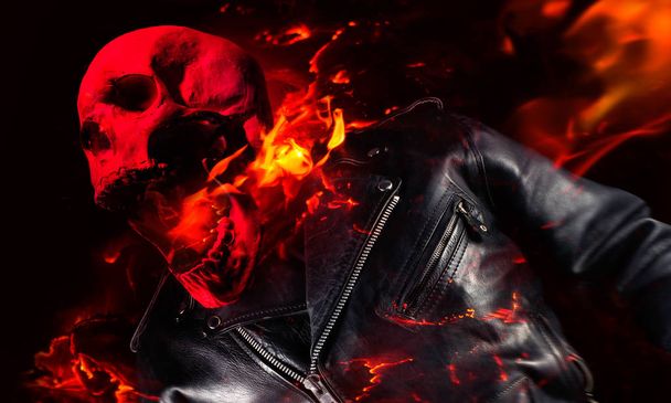 Biker Demon Szkielet w skórzanej kurtce krzyczeć ogień. - Zdjęcie, obraz