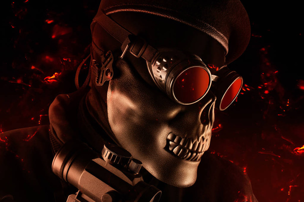 Soldat mit Totenkopfmaske, Brille und Baskenmütze in Nahaufnahme. - Foto, Bild